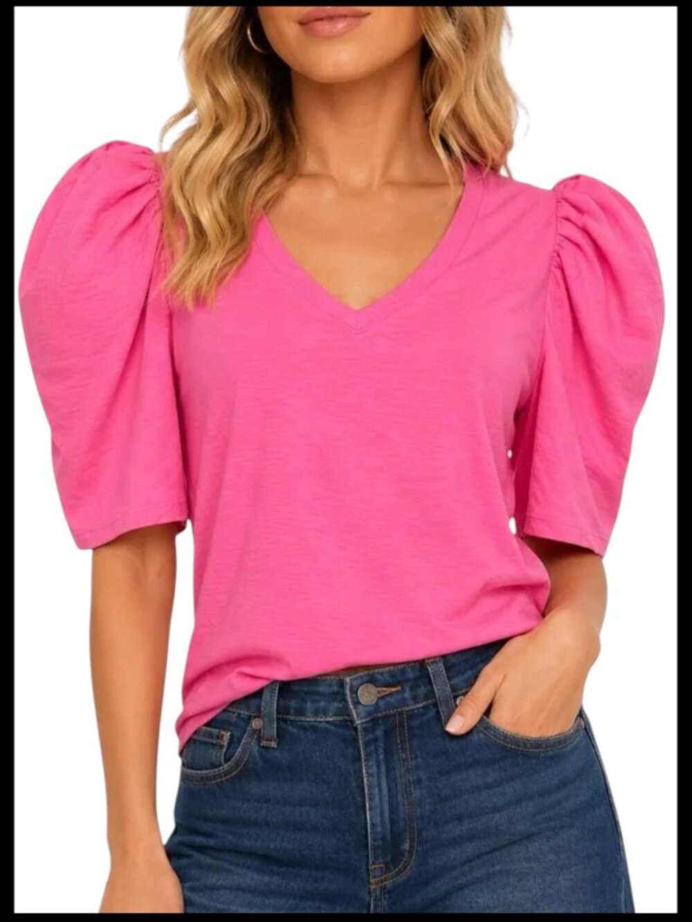 Nation LTD Jillian Blouse Fuchsia Pink Pima Cotton Puff Sleeve S